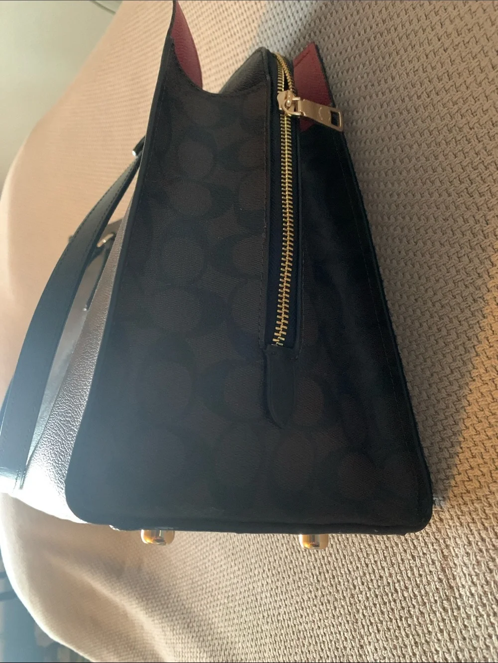 Coach Brown Signature Canvas Tote with Black Straps and Gold Hardware